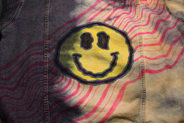 Trippy Happy Smiley Face Denim Jacket - Large